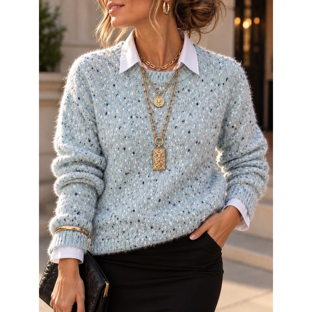 Oliver.O S Fuzzy Blue Confetti Speckled Eyelash Knit Sweater Metallic